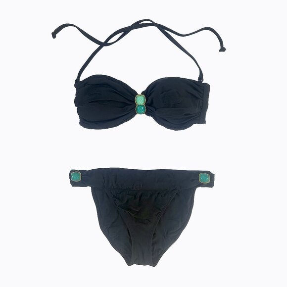 Strapless Bandeau Bikini Black Ruching Turquoise Jewel Embellished Y2K Swim Sz S - Picture 1 of 7